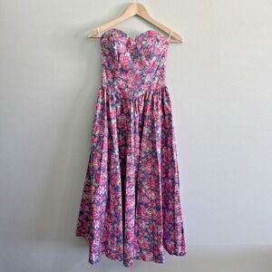VTG 80s Laura Ashley Dress US 8 Blue Floral Fit Flare Strapless Sundress READ